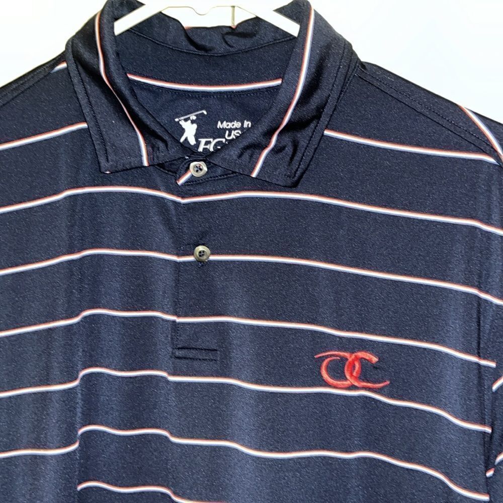 Navy Blue Red White stripe Old Chatham Club Raleigh NC area Golf Polo Shirt L